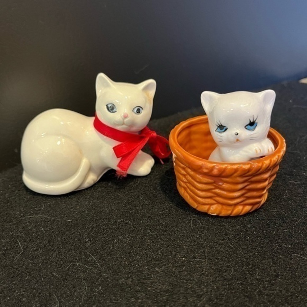 Vintage White Cat with Red Bow and White Cat in Basket Porcelain Figurines